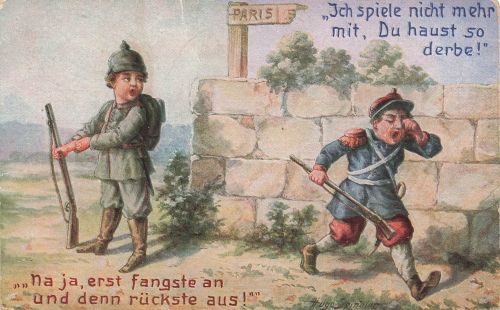 AK 1.WK Militärhumor Kinder in Uniform Erst fangste an Patriotika 1915 Postkarte