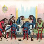 AK Vermenschlichte Tiere Schimpansen Monkeys Essen am Tisch Postkarte