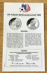 Gambia 20 Dalasis 1994 Ball und Globus Fußball PP Silbermünze Zertifikat