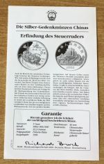 China 5 Yuan 1996 Steuerruders Silber PP mit Zertifikat