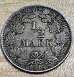 1/2 Mark, 1912 J, Deutsches Reich, 900er Silber Münze, Sehr Schön