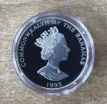 Bahamas 5 Dollars 1993 Drehschuss Fußball PP Silbermünze Zertifikat