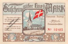 1 Mark Notgeld SATRUP DNS Sottrup DK (1920) Entwertungs-Aufdruck