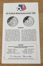 1000 Forint 1993 Ungarn Tor Fußball PP Silbermünze Mit Zertifikat
