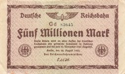 5 Millionen Mark 22.8.1923 Deutsche Reichsbahn, RVM-3