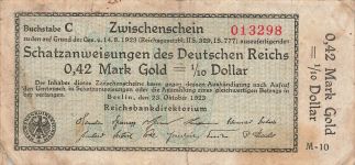 0,42 Mark = 1/10Dollar 23.10.1923 Schatzanweisung des Deutschen Reichs WBN-15a