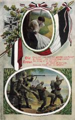 AK 1.WK Die Treue Spruchkarte Soldaten EK2 Frau Reichsfahne Patriotika Postkarte