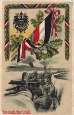 AK 1.WK Ein deutscher Gruß Schützengraben Soldaten MG 1918 gelaufen Patriotika