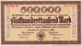 500000 Mark 11.8..1923 Reichsbahn -Direktion Dresden