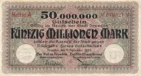 50 Million Mark 12.09.1923 Gutschein Stadt Dresden