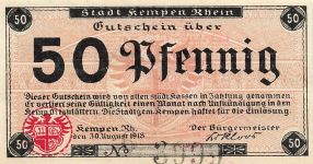 50 Pfennig Notgeld KEMPEN a. RHEIN Stadt Rs.Stpl. A
