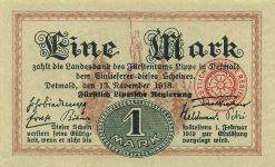 1 Mark Notgeld DETMOLD Einlöse-Schein Landesbank des Fürstentums Lippe 1918