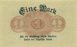 1 Mark Notgeld DETMOLD Einlöse-Schein Landesbank des Fürstentums Lippe 1918