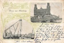 Gruss aus Hamburg Krahnhöft und Neue Elbbrücke Hamburg Litho Postkarte AK 1906