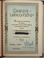 DDR Urkunde Für Treue Dienste in der Nationalen Volksarmee in Bronze, 01.03.1957