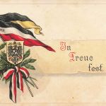 AK 1.WK Spruchkarte In Treue Fest Reichsfahne 1915 gelaufen Patriotika Postkarte