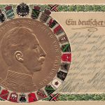 AK 1.WK Wappenkarte Kaiser Wilhelm II Portrait 1915 gelaufen Patriotika Geprägt