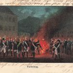 AK 1.WK Fackelzug bei Nacht Männer mit Schärpen vor Feuer 1902 Patriotika