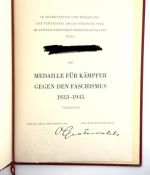DDR Urkunde Medaille für Kämpfer gegen den Faschismus 1958