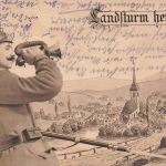 AK 1.WK Landsturm heraus! Soldat Signalhorn Trompeter 1915 Patriotika Postkarte