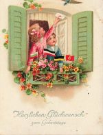 AK 1.WK Geburtstag Kinder am Fenster Taube Waffenbrüderschaft Patriotika 1917