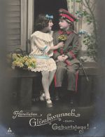 AK 1.WK Geburtstag kleiner Soldat Mädchen Blumen Patriotika Postkarte