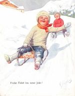 AK Neujahr Frohe Fahrt ins neue Jahr Schnee Kinder Schlitten Postkarte geprägt
