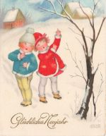 AK Glückliches Neujahr Kinder Schnee Winterlandschaft Rotkehlchen 1929 Postkarte