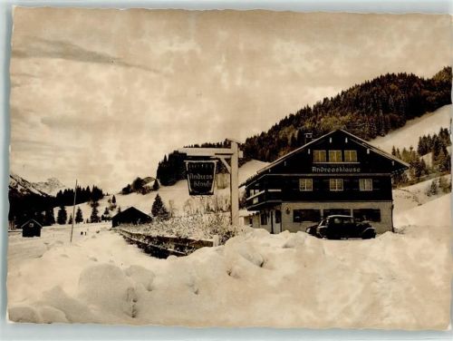 87538 W8975 Langenwang , Allgäu Foto AK Gasthaus Andreasklause Winter Ort handschriftlich
