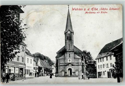 Wehlen Stadt 1916 Marktplatz und Kirche Kolonialwarengeschäft Emailleschilder