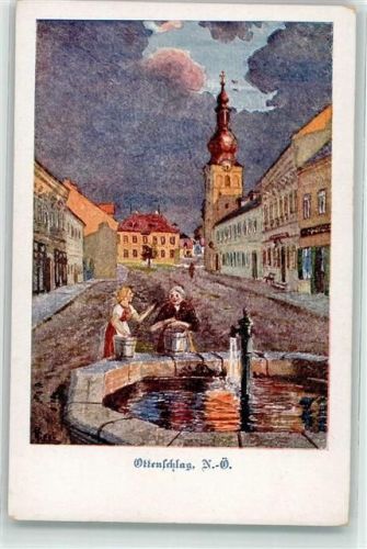 Ottenschlag 1914 Frauen am Marktbrunnen mit Pfarrkirche Aquarell