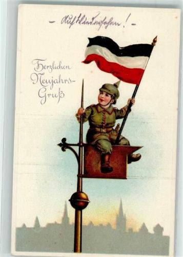 1916 Neujahrsgruß Kind in Landseruniform sitzt auf Wetterfahne Schwarz-Weiß-Rot Lithographie EAS 331