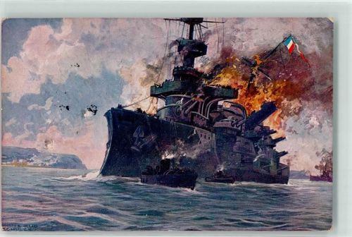 Dardanellen Französisches Panzerschiff Bouvet wird zum Sinken gebracht Spende Marinefonds Schulze, H. R. 1916 Künstlerkarte