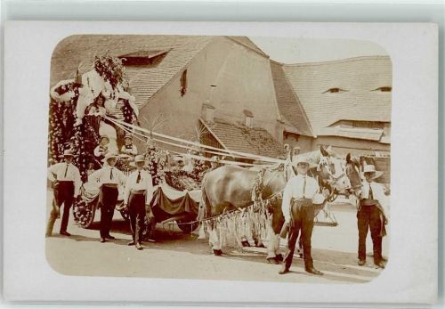 1913 Umzugswagen Blumencorso geschmückt Tiergespann Tracht