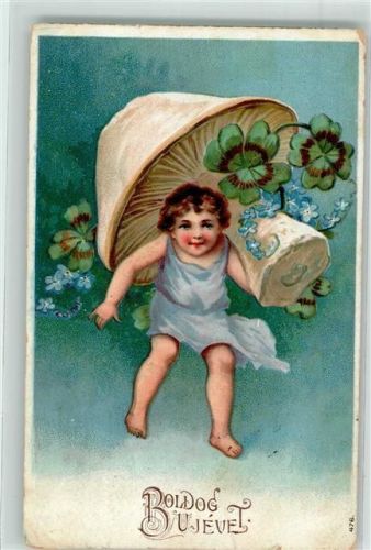 1904 Neujahr Junge Glücksklee und Vergißmeinnicht Lithographie