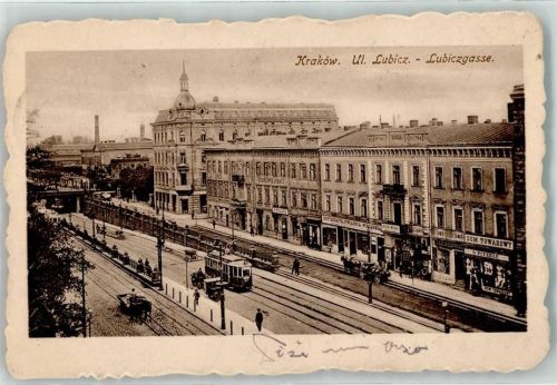 Krakau 1915 Lubiczgasse mit Straßenbahn Hotel Europejski Feldpost KuK Festungsartillerie