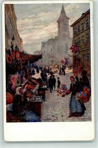Wien Kalvarienberggasse mit Marktszene Serie Wiener Künstler Postkarte 790/5