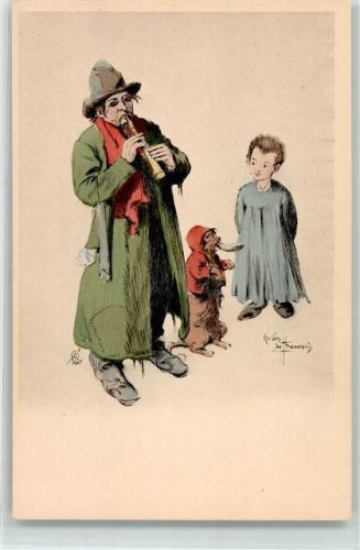 1900 Bettler Landstreicher mit Hund spielt Flöte Kind schaut zu Armut sign. Lubin de Beauvais