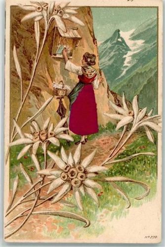 mit echt Stoff Applikation Tracht Edelweiss Flurkreuz / Marterl 1900 Lithographie / Prägedruck