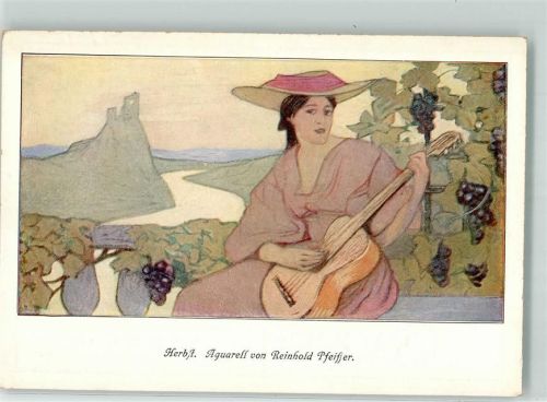 Jahreszeit Herbst Aquarell von Pfeiffer Reinhold Frau mit einer Gitarre der Rhein und Wein