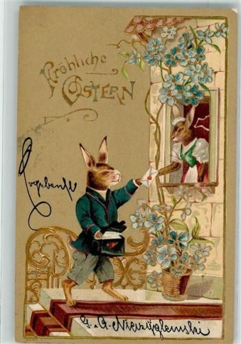 Ostern Hase als Postbote bringt Häsin einen Liebesbrief Tiere vermenschlicht Vergißmeinnicht Jugendstil Lithographie