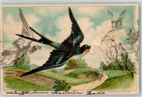 1902 Fröhliche Pfingsten Hase mit Zieharmonika Tiere vermenschlicht Lithographie Serie Frühlingspost No.1097