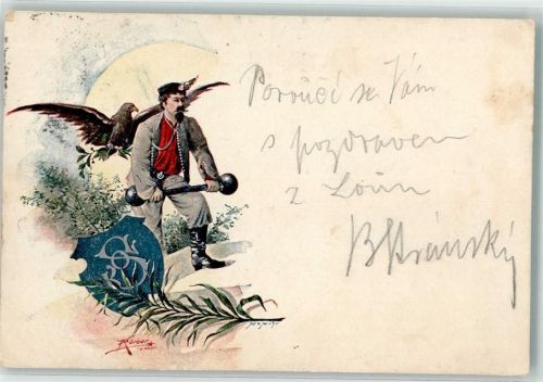Louny 1898 Ort lt. Stempel Tracht Adler Wappen