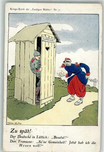 Liege 1915 Deutscher Landser besetzt das Klohaus Lüttich vor Franzosen mit Notdurft Künstlerkarte Humor WK I