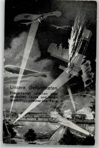 1915 Gefechte Fliegerkampf Taube und einem feindl. Doppeldecker über Paris