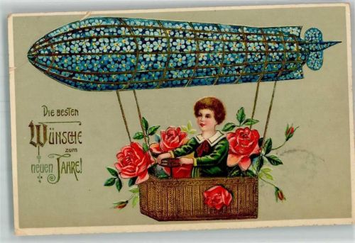1909 Prägedruck Zeppelin Ballon Korb mit Rosen Neujahr