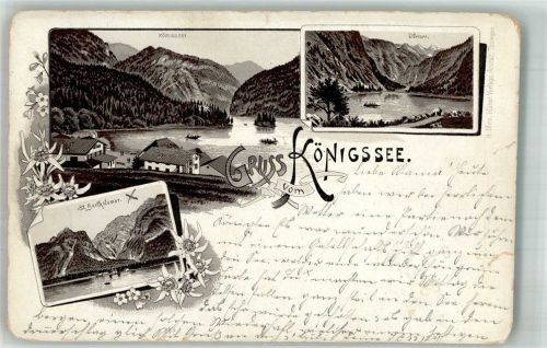 Schönau 1896 Lithographie St. Bartholomä Königssee Obersee