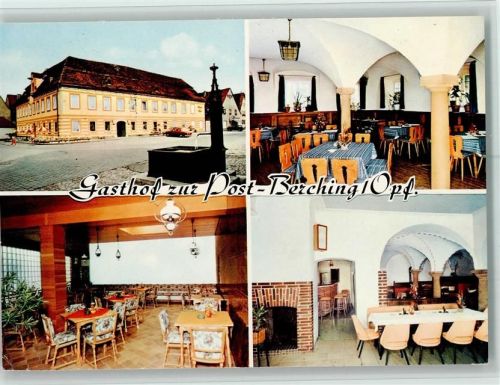 92334 W8434 Berching - Gasthof Zur Post mit neu erbautem GästehausInnenaufnahmen Gastraum Brunnen 4-Bildaufnahme