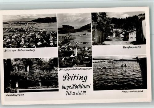 Peiting 1957 Moorschwimmbad, Lourdesgrotte, Straßenpartie AK