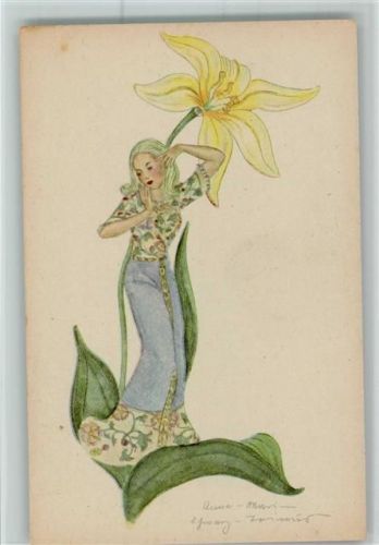 Nr. 1050 sign Anna Maria Schwarz Torino - Frau mit einer Blüte - Kunstverlag Michel